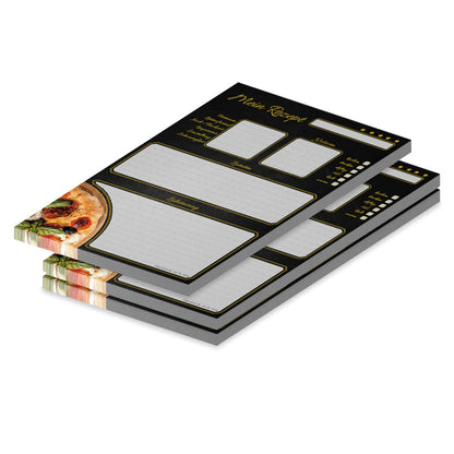 rezeptblock pizza toscana, a4, schwarz-graue optik, aufgedruckte pizza, platz für notizen und zubereitunggschritten, 3er set