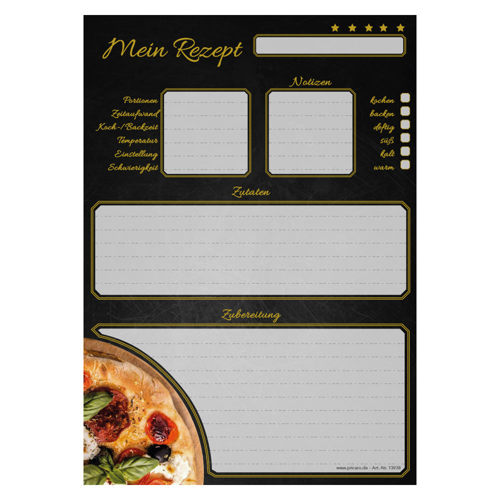 rezeptblock pizza toscana, a4, schwarz-graue optik, aufgedruckte pizza, platz für notizen und zubereitunggschritten, frontansicht
