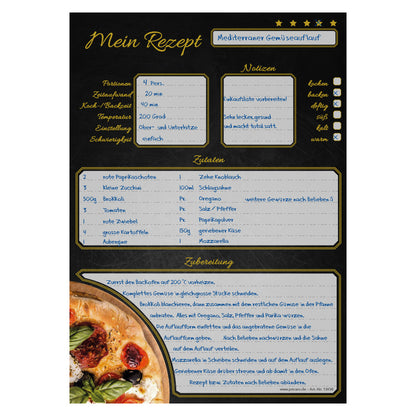 rezeptblock pizza toscana, a4, schwarz-graue optik, aufgedruckte pizza, platz für notizen und zubereitunggschritten, ausfüllbeispiel