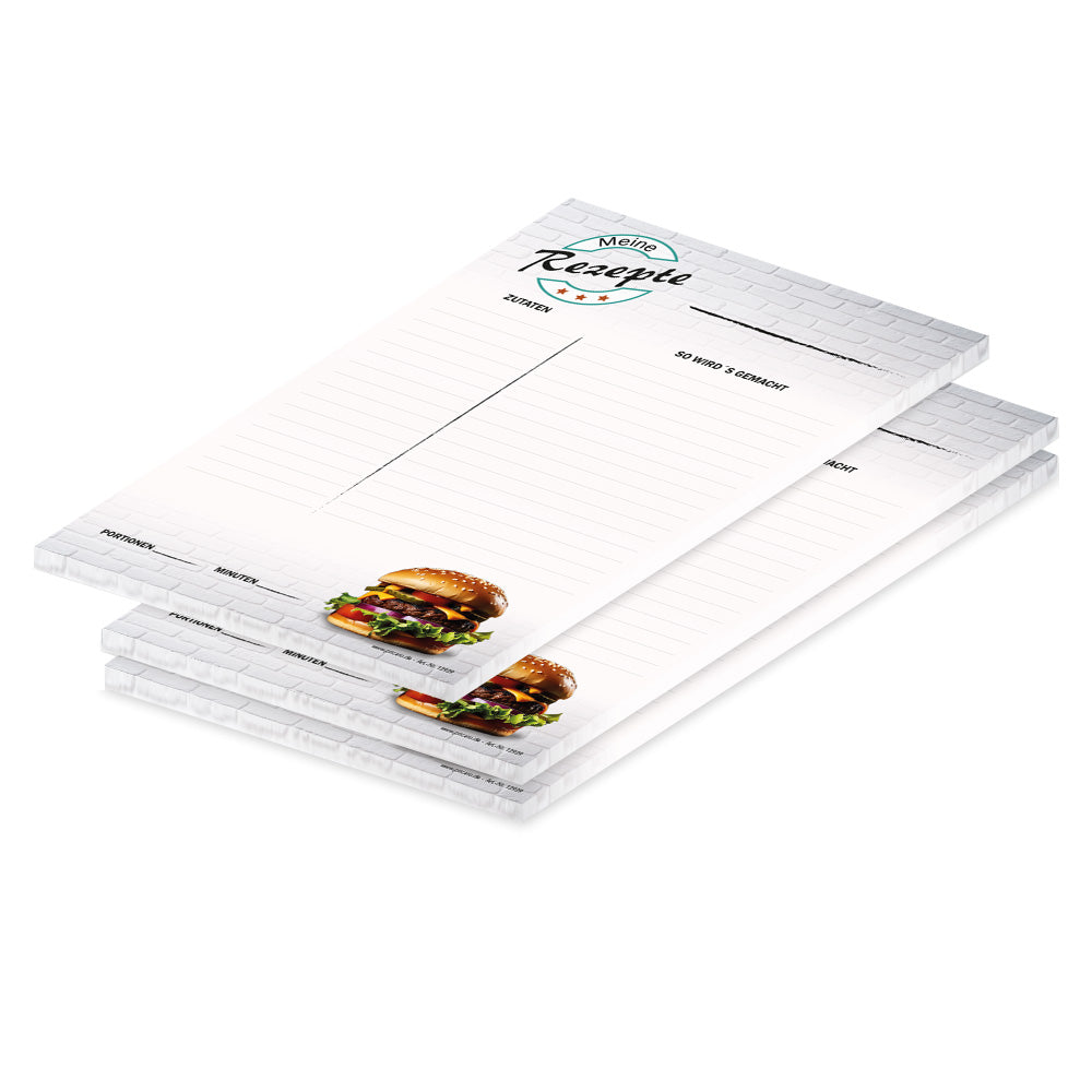 rezeptblock american burger, a4, graue optik, aufgedruckter burger, platz für zutaten und zubereitunggschritte, 3er set