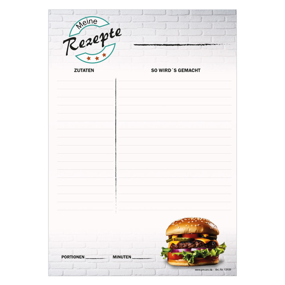 rezeptblock american burger, a4, graue optik, aufgedruckter burger, platz für zutaten und zubereitunggschritte, frontansicht
