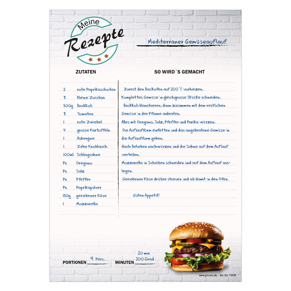 rezeptblock american burger, a4, graue optik, aufgedruckter burger, platz für zutaten und zubereitunggschritte, ausfüllbeispiel