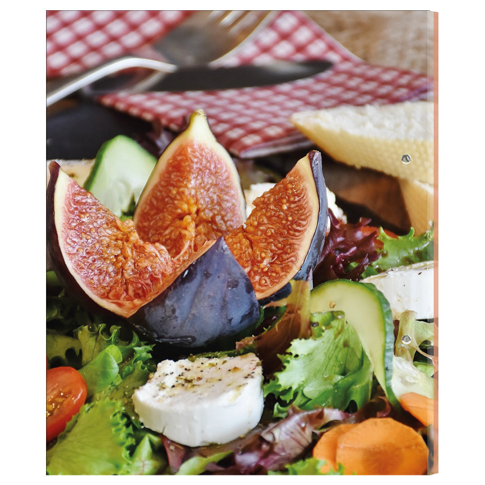 rezeptordner a4, french salad, rückseite, abgebildet salat mit ziegenkäse und feigen 