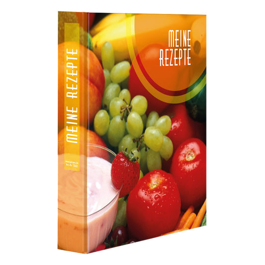 rezeptordner a4, bunte zutaten, vorderseite, abgebildet gemüse und obst und die aufschrift meine rezepte, seitliche ansicht