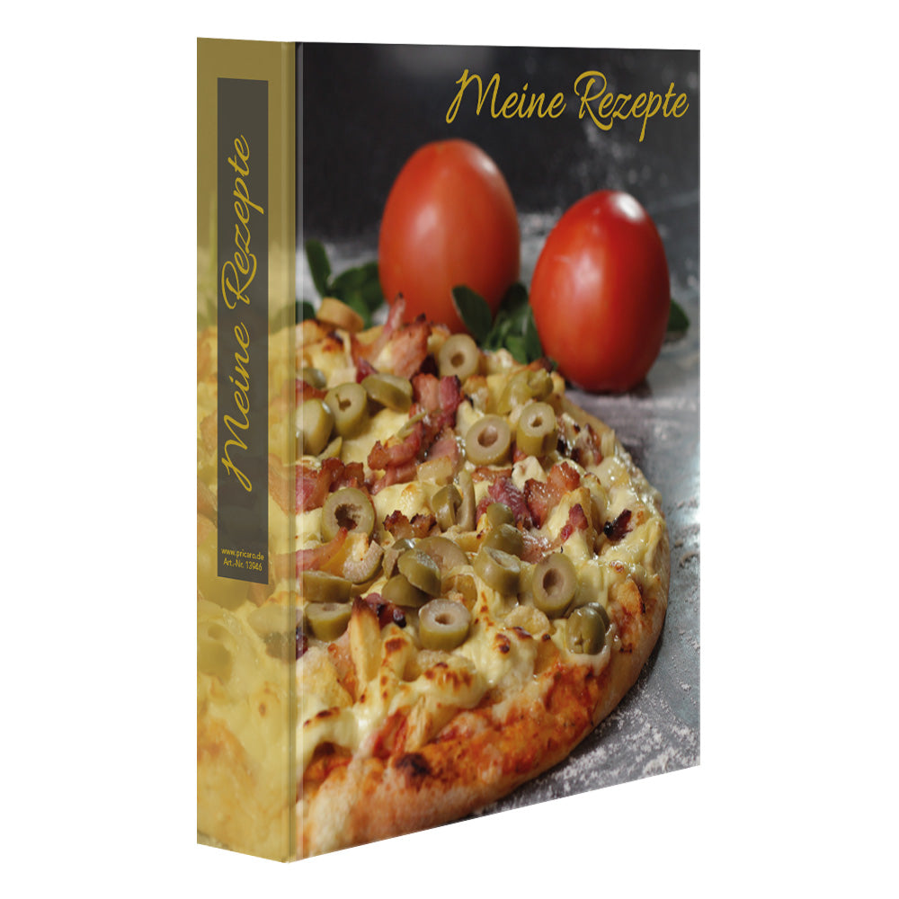 rezeptordner a4, pizza toscana vorderseite, abgebildet ist eine pizza und die aufschrift meine rezepte, seitliche ansicht