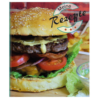 rezeptordner a4, american burger, vorderseite, abgebildet ist ein burger und die aufschrift meine rezepte