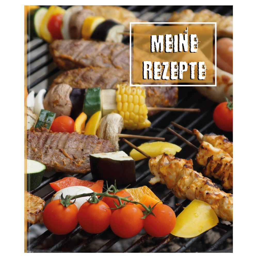rezeptordner a4, bbq, vorderseite, abgebildet ist ein grill mit verschiedenen grillgerichten und die aufschrift meine rezepte
