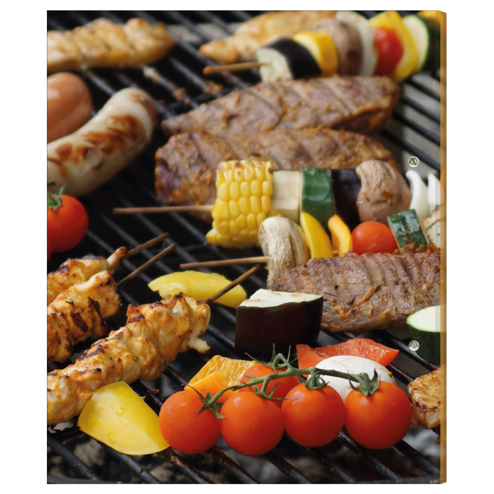 rezeptordner a4, bbq, rückseite, abgebildet ist ein grill mit verschiedenen grillgerichten