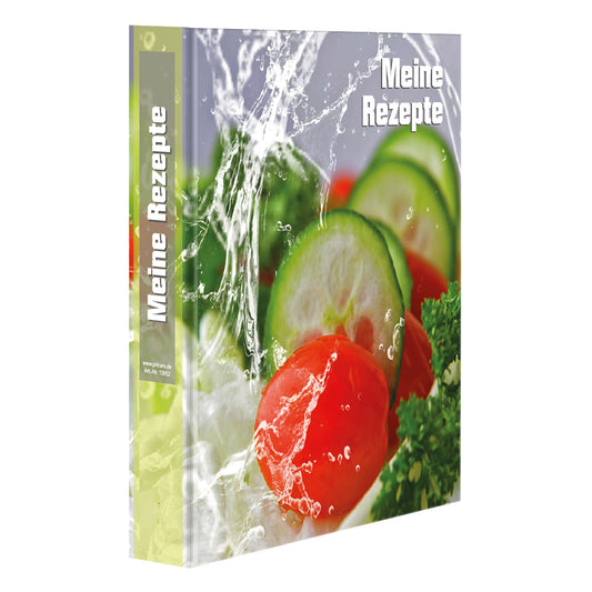 rezeptordner a5, frische gemüse, vorderseite, abgebildet ist frische gemüse und die aufschrift meine rezepte, seitliche ansicht