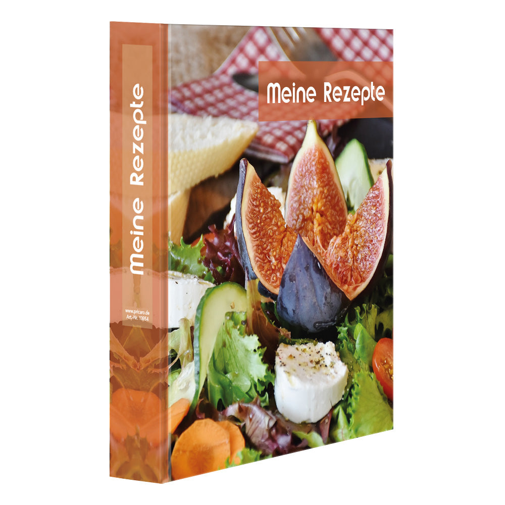 rezeptordner a5, french salad, vorderseite, abgebildet ist ein salat mit ziegenkäse und feigen sowie die aufschrift meine rezepte, seitliche ansicht