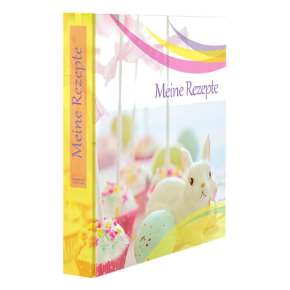 rezeptordner a5, cake pop, vorderseite, abgebildet sind cake pops und osterdeko sowie die aufschrift meine rezepte, seitliche ansicht