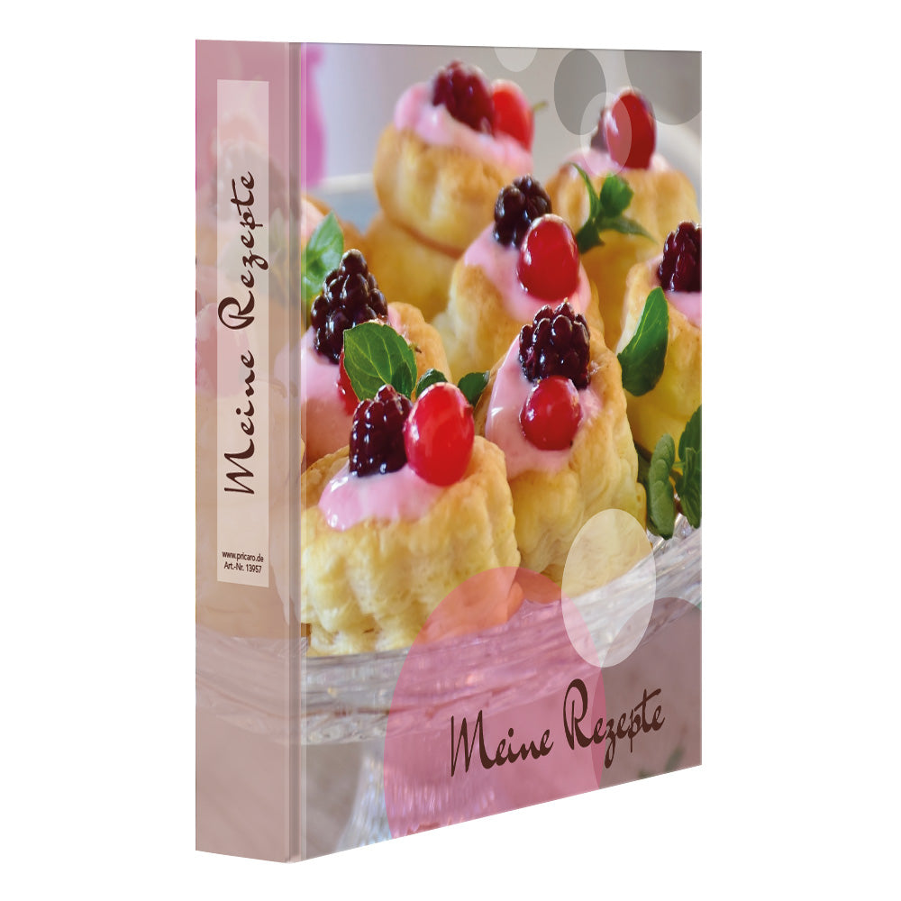 rezeptordner a5, sweet pate, rosa-grau-bunte optik, vorderseite, abgebildet sind süße, kleine pastaten sowie die aufschrift meine rezepte, seitliche ansicht