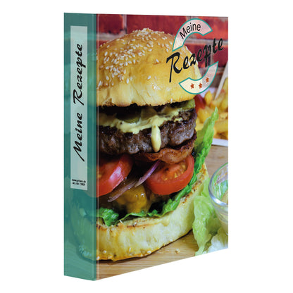 rezeptordner a5, american burger, bunte optik, vorderseite, abgebildet ist ein burger sowie die aufschrift meine rezepte, seitliche ansicht