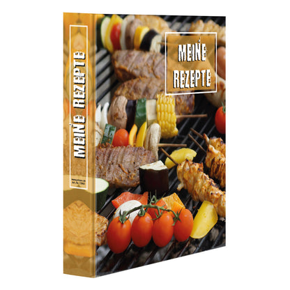 rezeptordner a5, bbq, bunte optik, vorderseite, abgebildet ist ein grill mit grillfleisch und gemüse sowie die aufschrift meine rezepte, seitliche ansicht
