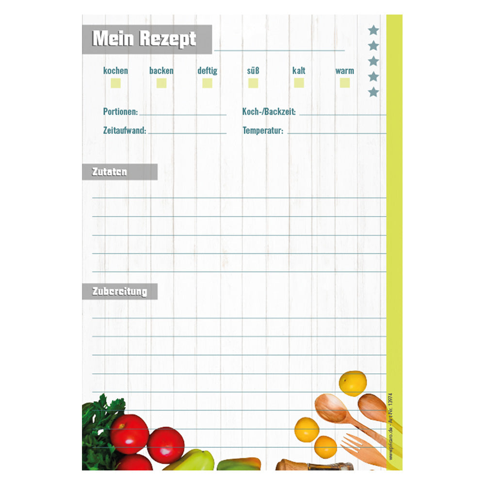 rezeptblock frisches gemüse, a5, bunte optik mit platz für zutaten und zubereitungsschritte, frontansicht