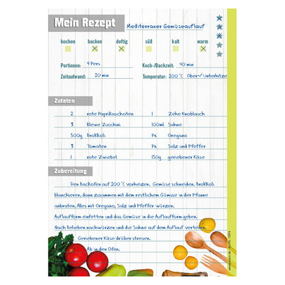 rezeptblock frisches gemüse, a5, bunte optik mit platz für zutaten und zubereitungsschritte, ausfüllbeispiel