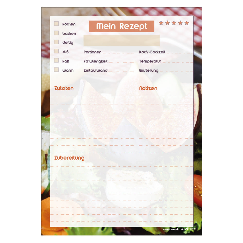 rezeptblock french salad, a5, bunte optik mit platz für zutaten, notizen und zubereitungsschritte, frontansicht
