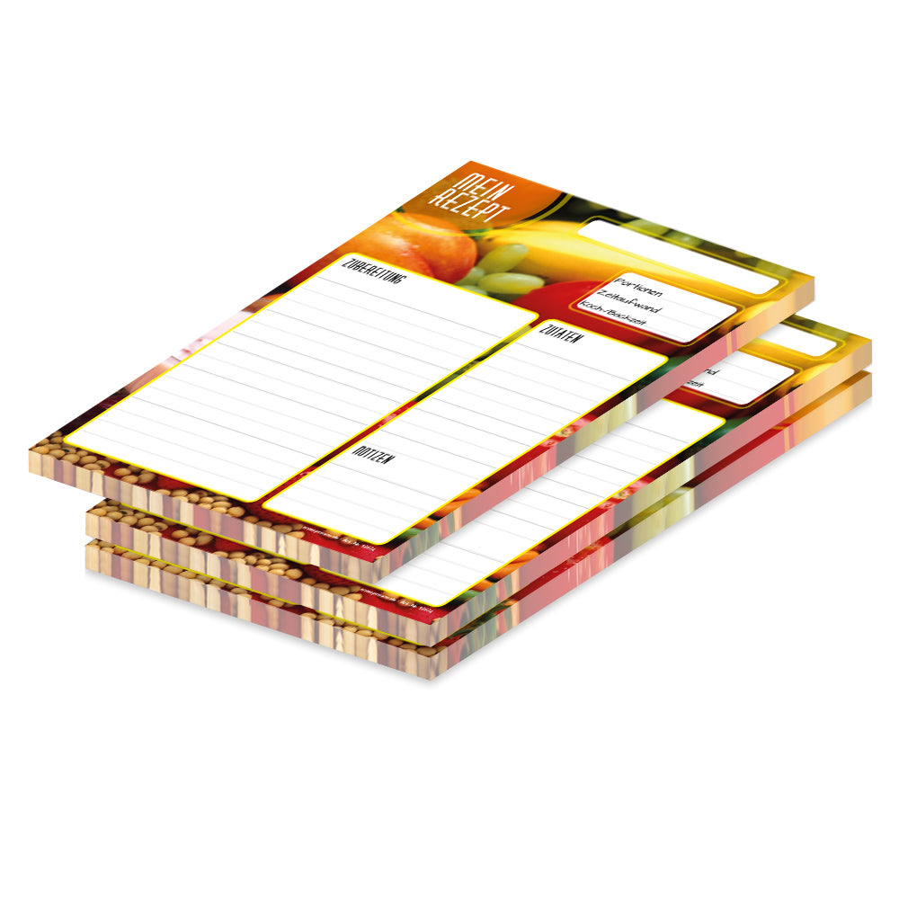 rezeptblock bunte zutaten, a5, bunte optik mit obst und gemüse sowie platz für zutaten, notizen und zubereitungsschritte, 3er set