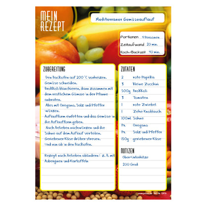 rezeptblock bunte zutaten, a5, bunte optik mit obst und gemüse sowie platz für zutaten, notizen und zubereitungsschritte, ausfüllbeispiel