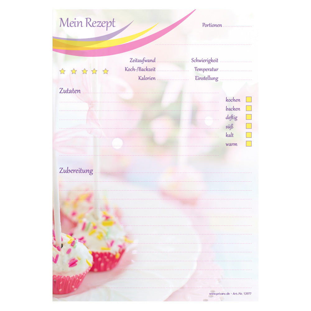 rezeptblock cake pop, a5, bunte optik mit cake pops sowie platz für zutaten und zubereitungsschritte, frontansicht
