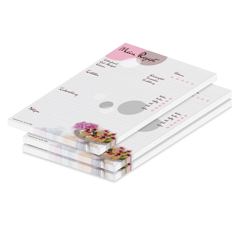 rezeptblock sweet pate, a5, rosa-grau optik mit kleinen pasteten sowie platz für zutaten, notizen und zubereitungsschritte, 3er set