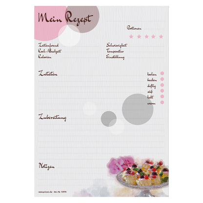 rezeptblock sweet pate, a5, rosa-grau optik mit kleinen pasteten sowie platz für zutaten, notizen und zubereitungsschritte, frontansicht