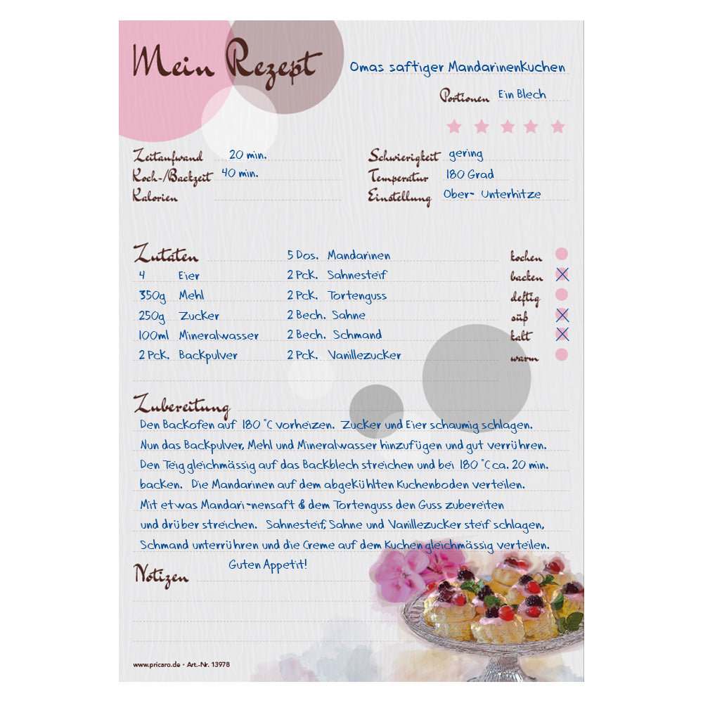 rezeptblock sweet pate, a5, rosa-grau optik mit kleinen pasteten sowie platz für zutaten, notizen und zubereitungsschritte, ausfüllbeispiel