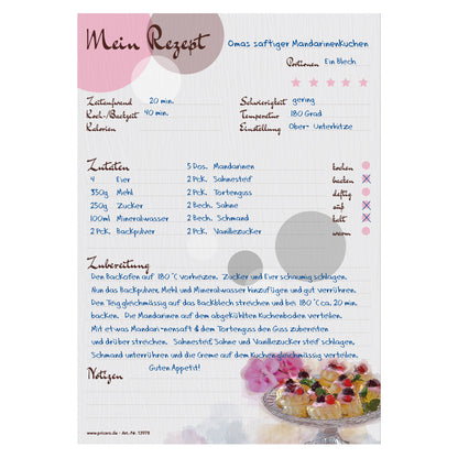 rezeptblock sweet pate, a5, rosa-grau optik mit kleinen pasteten sowie platz für zutaten, notizen und zubereitungsschritte, ausfüllbeispiel