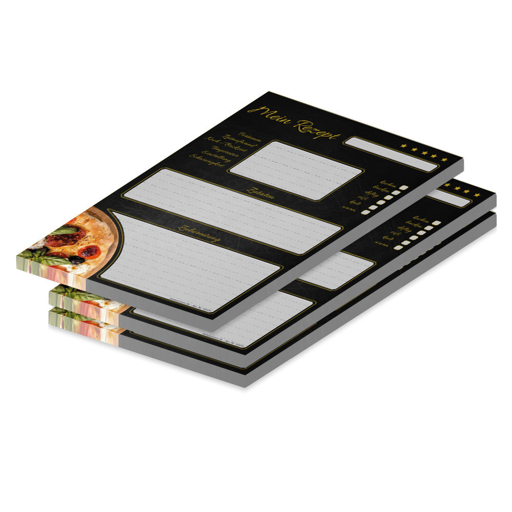 rezeptblock pizza toscana, a5, grau-schwarze optik mit einer pizza sowie platz für zutaten und zubereitungsschritte, 3er set