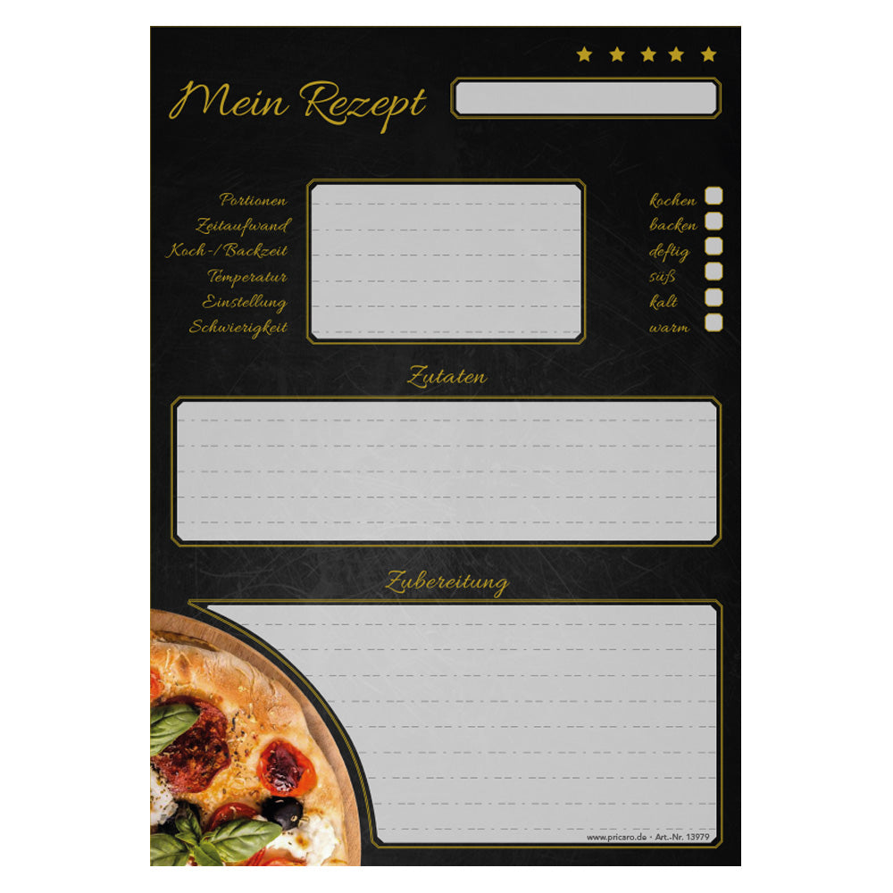 rezeptblock pizza toscana, a5, grau-schwarze optik mit einer pizza sowie platz für zutaten und zubereitungsschritte, frontansicht