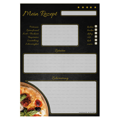 rezeptblock pizza toscana, a5, grau-schwarze optik mit einer pizza sowie platz für zutaten und zubereitungsschritte, frontansicht