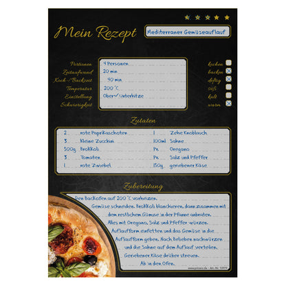 rezeptblock pizza toscana, a5, grau-schwarze optik mit einer pizza sowie platz für zutaten und zubereitungsschritte, ausfüllbeispiel