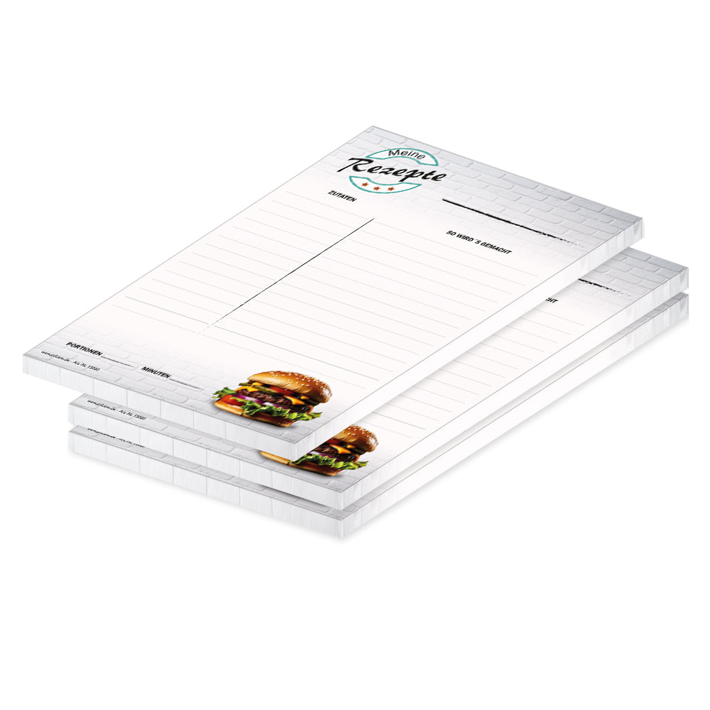 rezeptblock american burger, a5, graue optik mit einem burger sowie platz für zutaten und zubereitungsschritte, 3er set