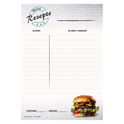 rezeptblock american burger, a5, graue optik mit einem burger sowie platz für zutaten und zubereitungsschritte, frontansicht