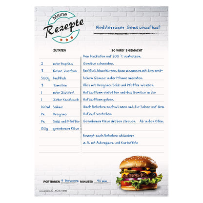 rezeptblock american burger, a5, graue optik mit einem burger sowie platz für zutaten und zubereitungsschritte, ausfüllbeispiel