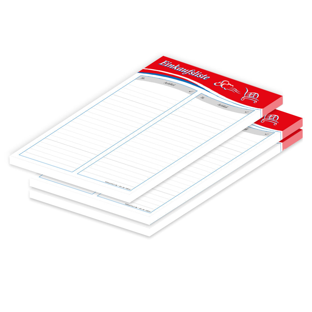 einkaufsliste speed a5, rot mit weiß-blau aufgedrucktem einkaufswagen spalten für stück und artikel, 3er set