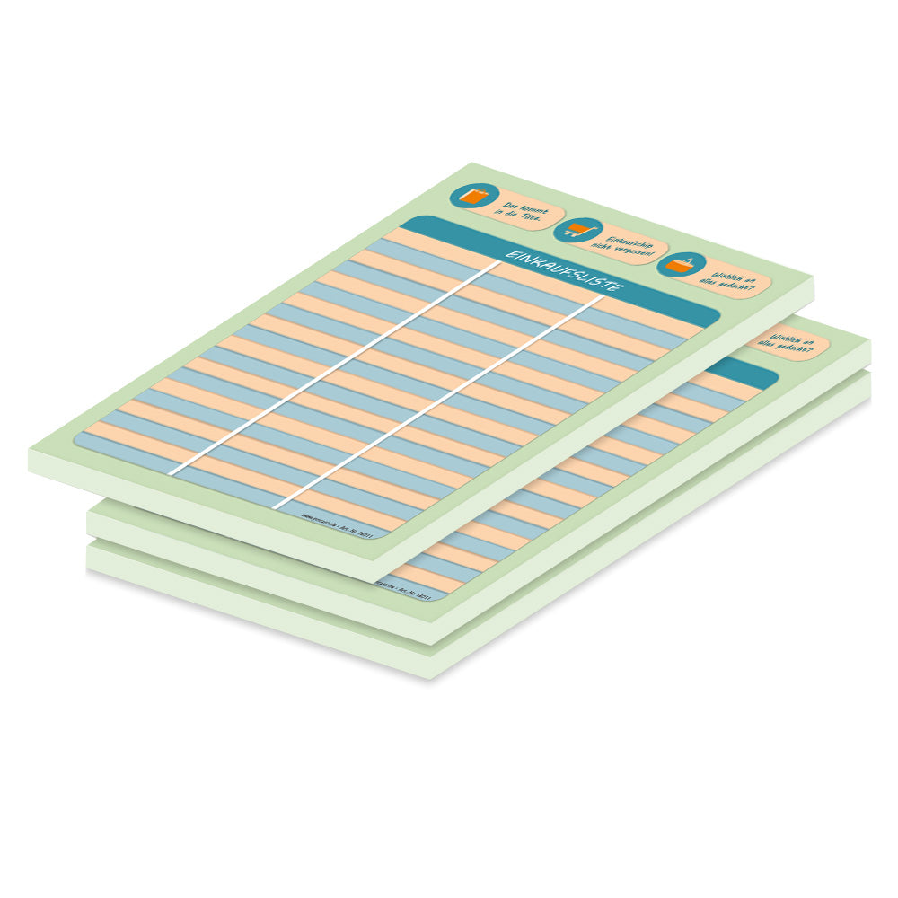 einkaufsliste icon, a5, grün-orange, gestreifte optik mit spalten für produkt und stückzahl, 3er set