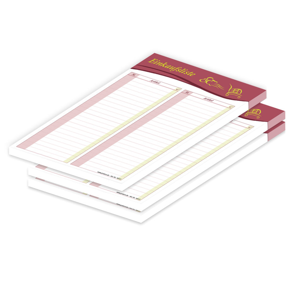 einkaufsliste speed a5, dunkelrot mit hellgrün-gelb aufgedrucktem einkaufswagen spalten für stück und artikel, 3er set