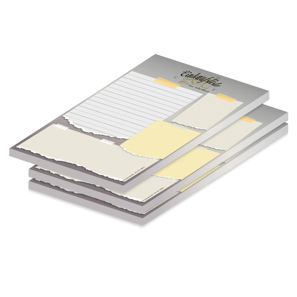 einkaufsliste zettel, a5, grau gelbe optik, spalten für einkäufe teils liniert, 3er set