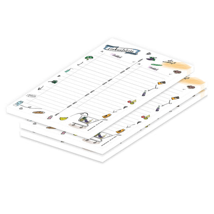 einkaufsliste comic, a5, weiß-bunte optik mit lebensmitteln im comicstil und mit spalten für artikel und stückzahl, 3er set