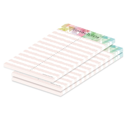 einkaufsliste mosaik, a5, rosa-bunte optik mit graphischen symbolen und mit spalten für artikel und stückzahl, 3er set