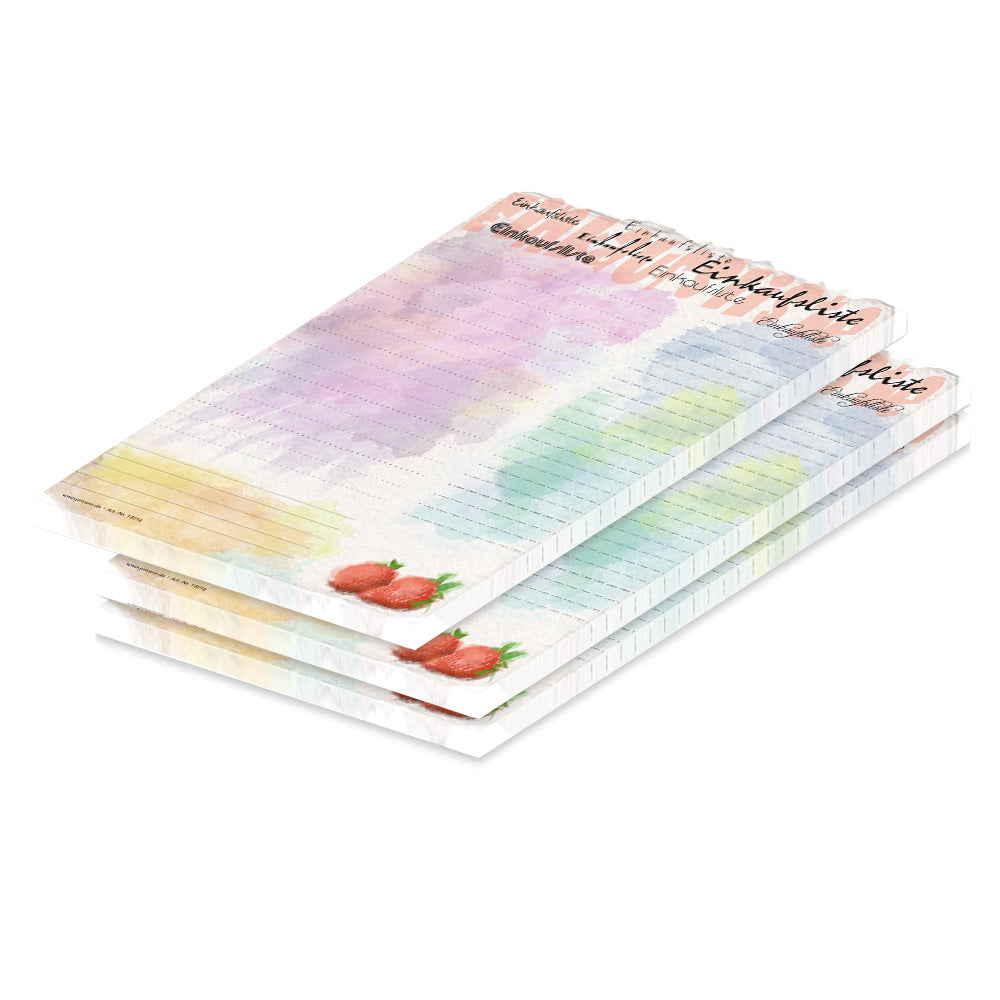einkaufsliste aquarell, a5, rosa-bunte optik mit aufgedruckten erdbeeren und mit spalten für artikel und stückzahl, 3er set