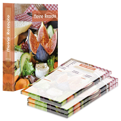 rezeptordner und rezeptblock french salad, a4, bunte optik mit salat mit ziegenkäse und feigen