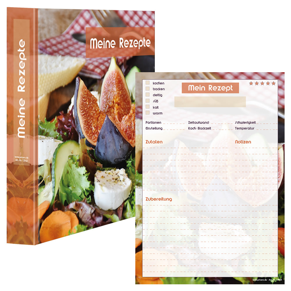 rezeptordner und rezeptblock french salad, a4, bunte optik mit salat mit ziegenkäse und feigen, frontansicht
