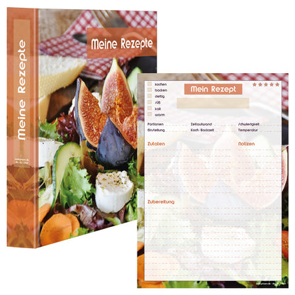 rezeptordner und rezeptblock french salad, a4, bunte optik mit salat mit ziegenkäse und feigen, frontansicht