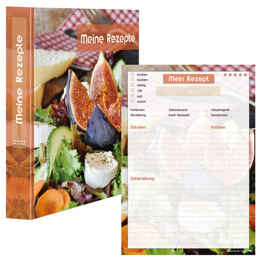 rezeptordner und rezeptblock french salad, a4, bunte optik mit salat mit ziegenkäse und feigen, frontansicht