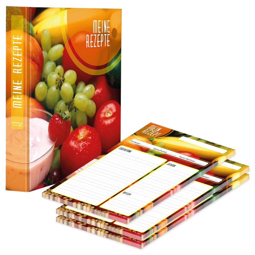rezeptordner und rezeptblock bunte zutaten, a4, bunte optik mit gemüse und obst