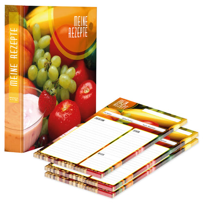 rezeptordner und rezeptblock bunte zutaten, a4, bunte optik mit gemüse und obst