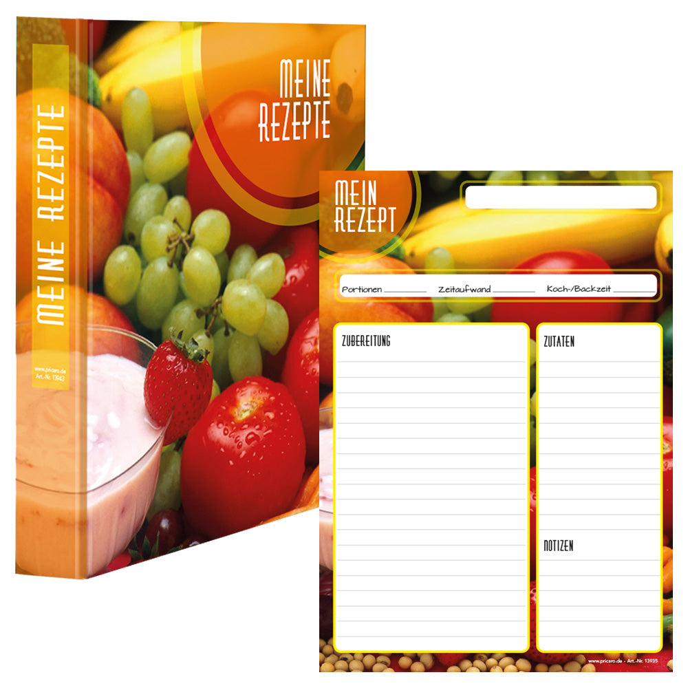 rezeptordner und rezeptblock bunte zutaten, a4, bunte optik mit gemüse und obst, frontansicht