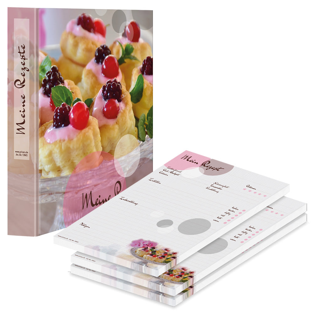 rezeptordner und rezeptblock sweet pate, a4, rosa-grau optik mit kleinen pasteten